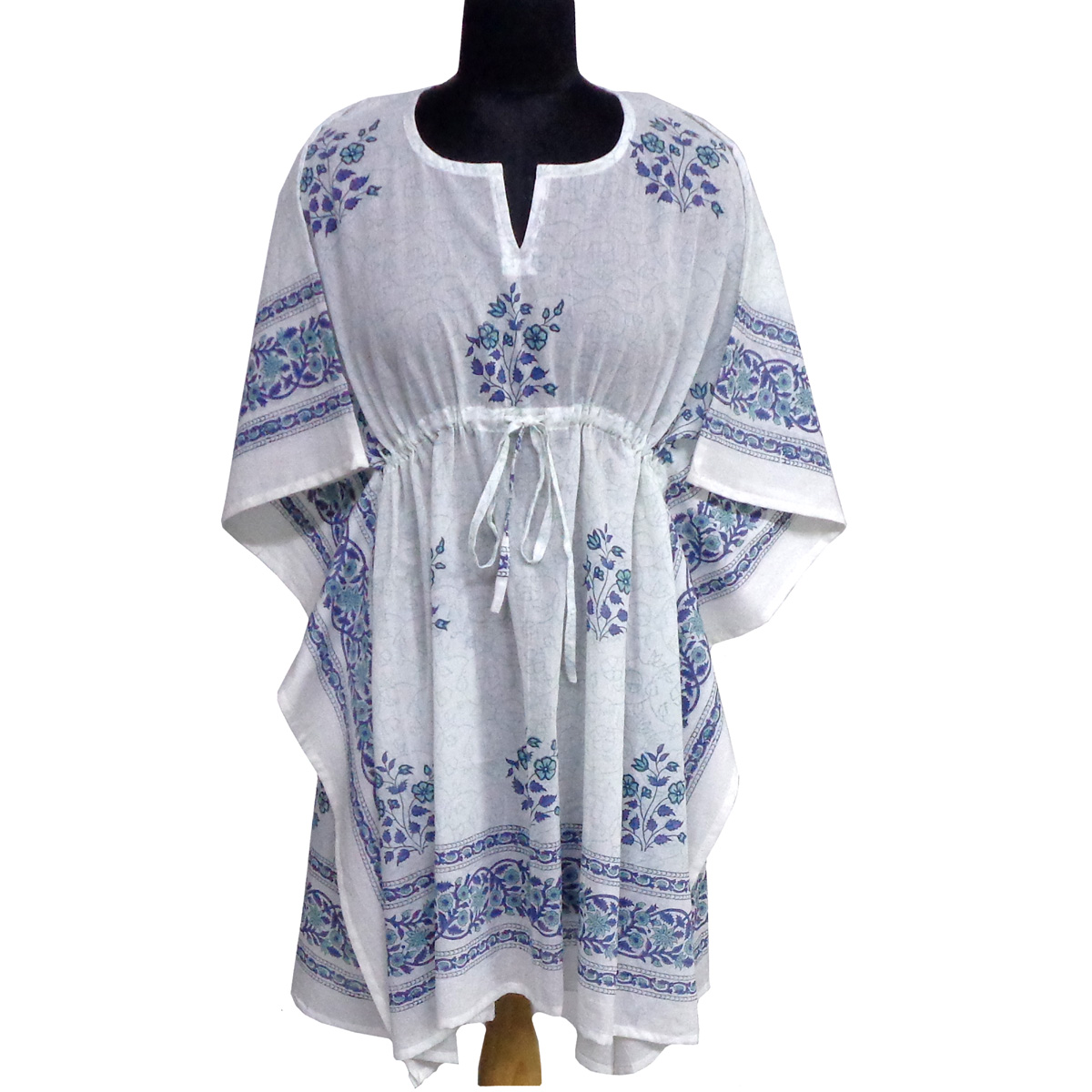 String Kaftan Free Size Indian Block Printed on Soft Cotton Voile Floral Kali Blue Boota 309470