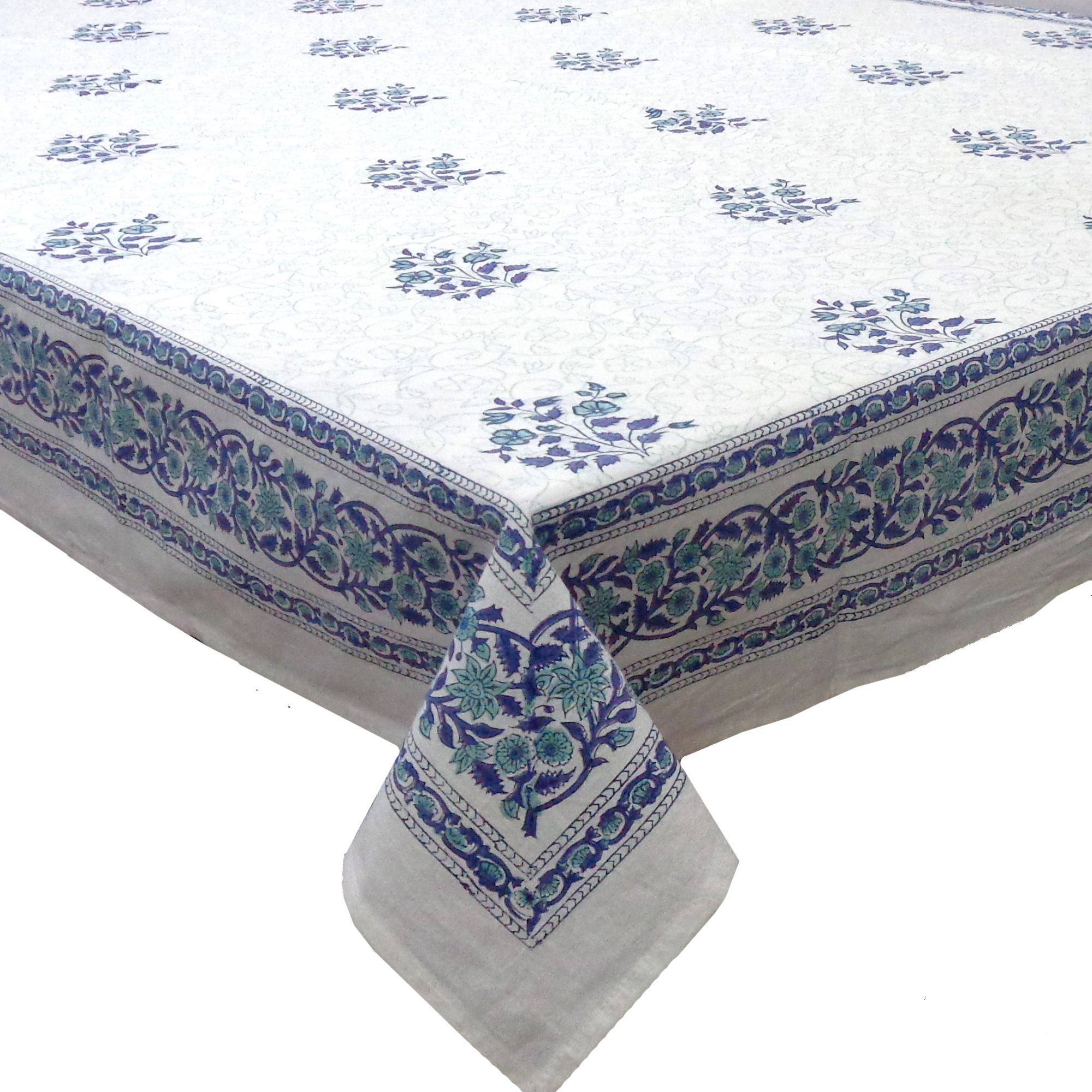 Hand Block Printed Cotton Tablecloth 180x270 cms Floral Kali Blue Boota 309470