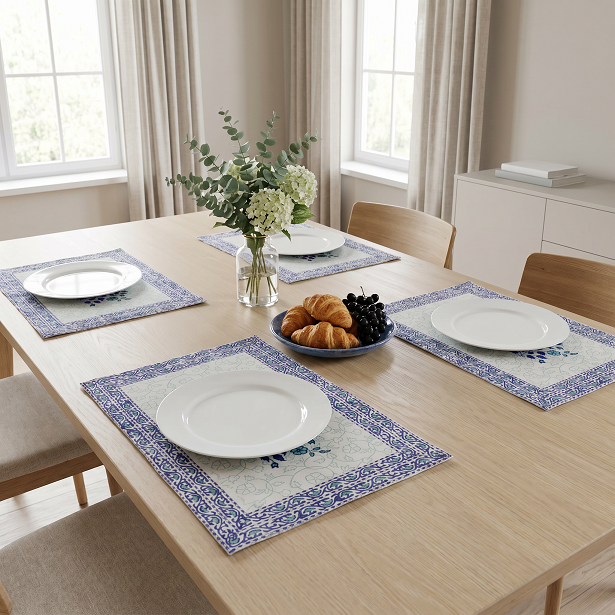 Hand Block Printed Cotton Canvas Table Mat 32x48 cms Set of 2 Table mats Floral Kali Blue Boota 309470