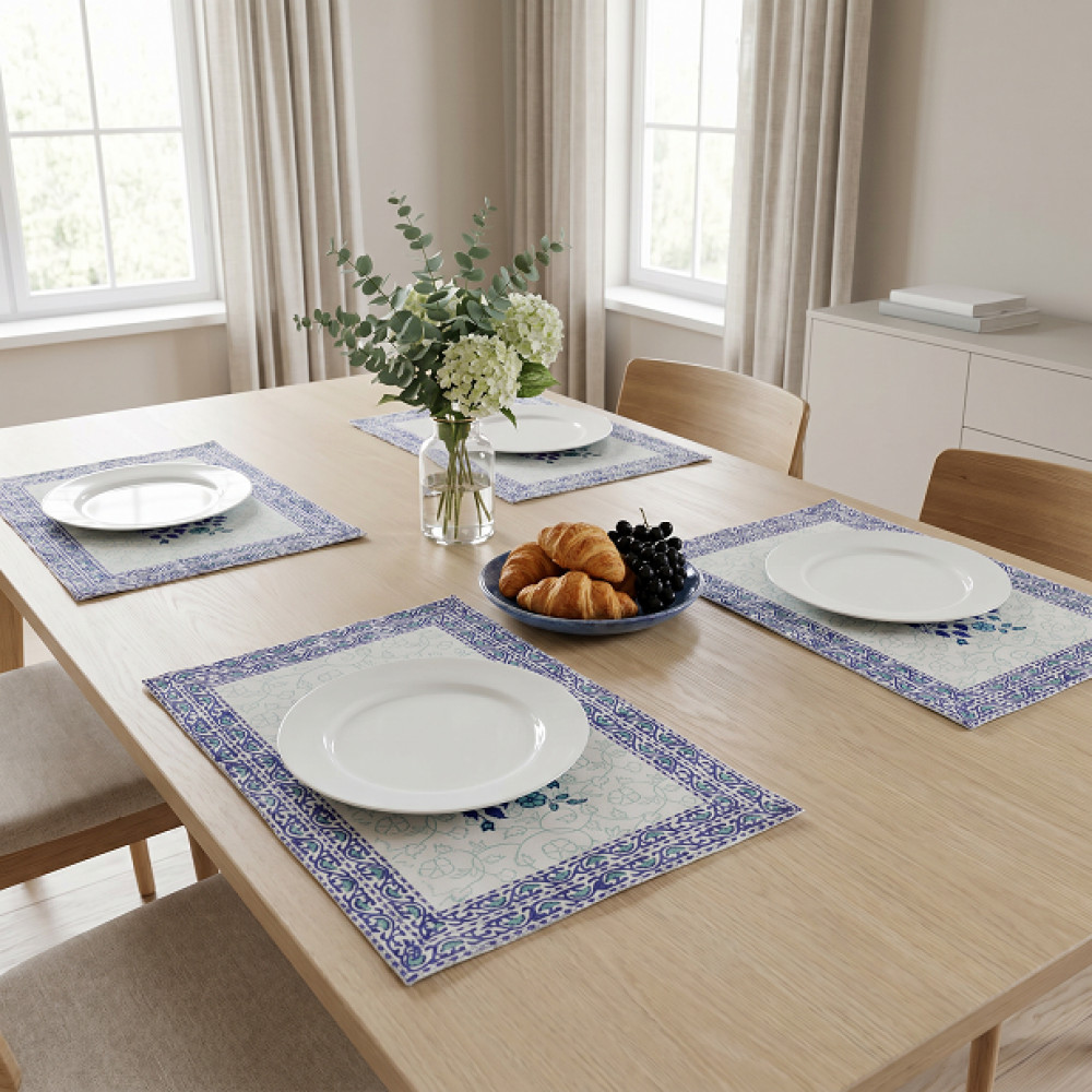 Image of Hand Block Printed Cotton Canvas Table Mat 32x48 cms (Set of 2 Table mats) | Floral Kali Blue Boota 309470