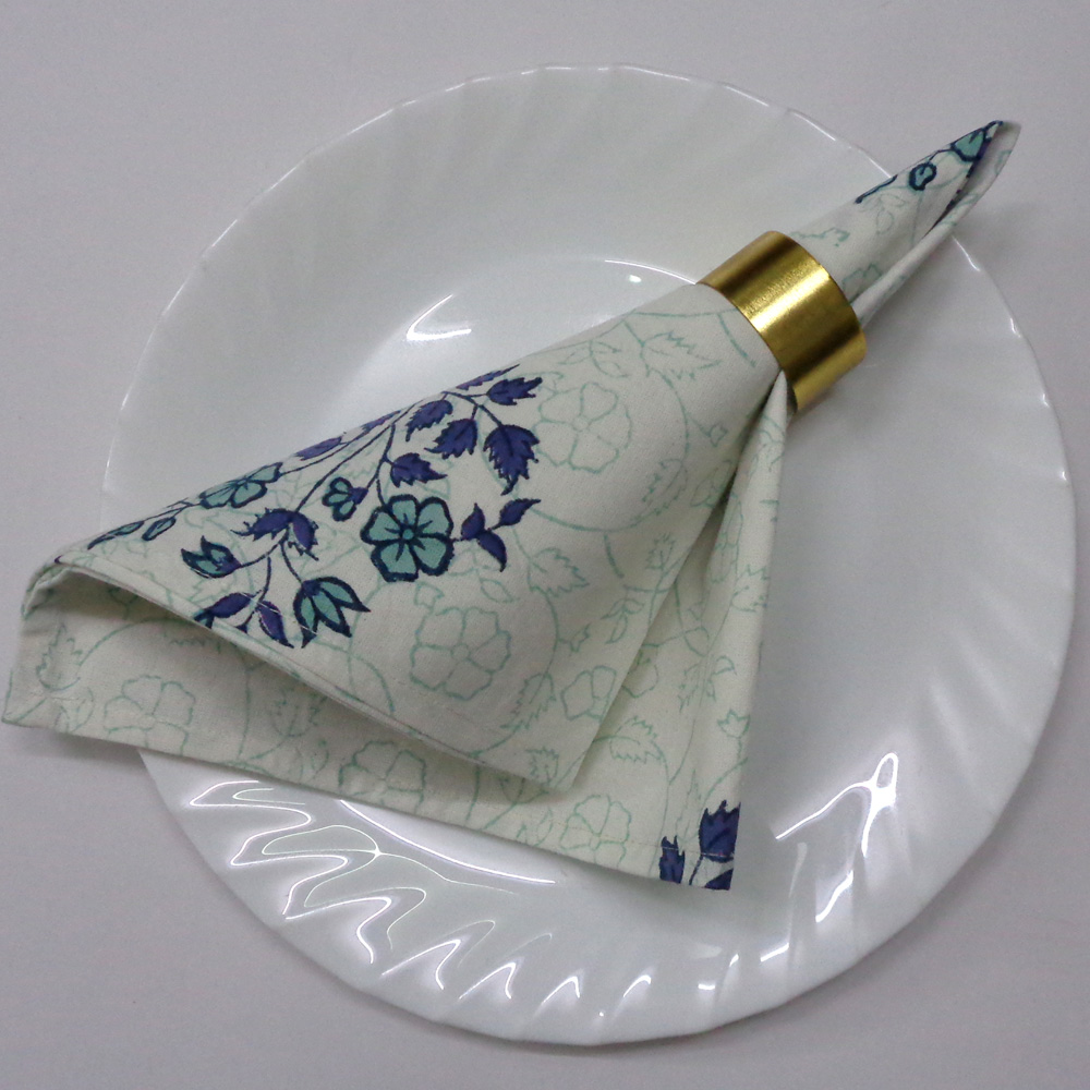 Hand Block Printed Cotton Napkin 45x45 cms Set of 4 Napkins Floral Kali Blue Boota 309470