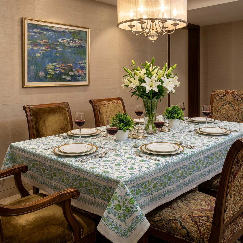 Square Tablecloth in Cotton Hand Block Printed Cotton Tablecloth 220x220 cms Floral Kali Green 200867