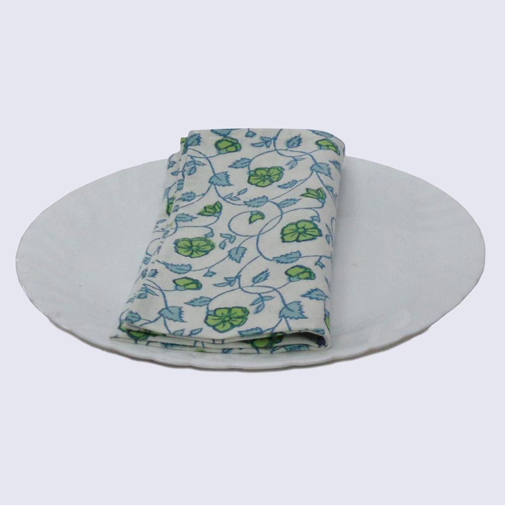 Hand Block Printed Cotton Napkin 45x45 cms Set of 4 Napkins  Floral Kali Green 203892