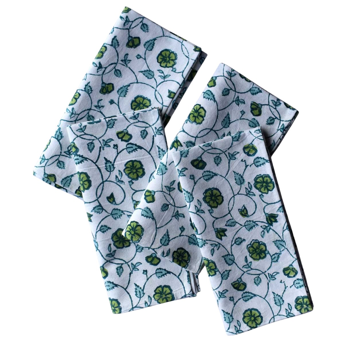 Hand Block Printed Cotton Napkin 45x45 cms Set of 4 Napkins Floral Kali Green 203892