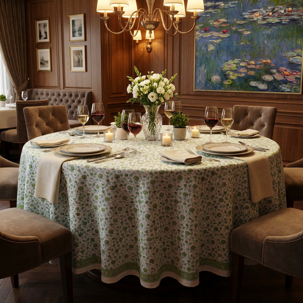 Image of Hand Block Printed Cotton Round Tablecloth 220 cms | Floral Kali Green 203909