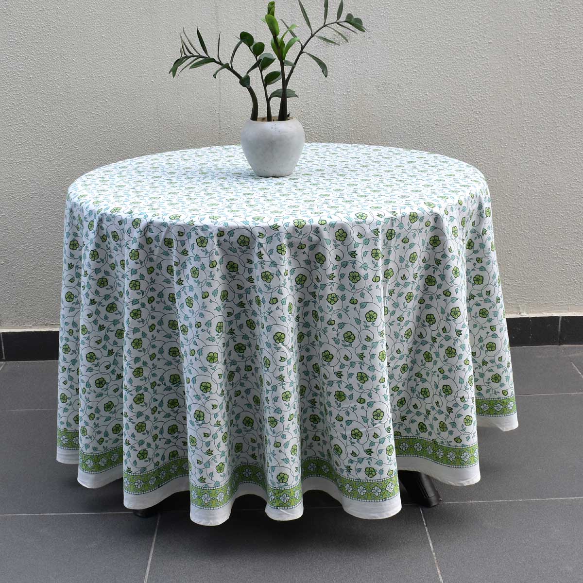 Hand Block Printed Cotton Round Tablecloth 275 cms Floral Kali Green 203909