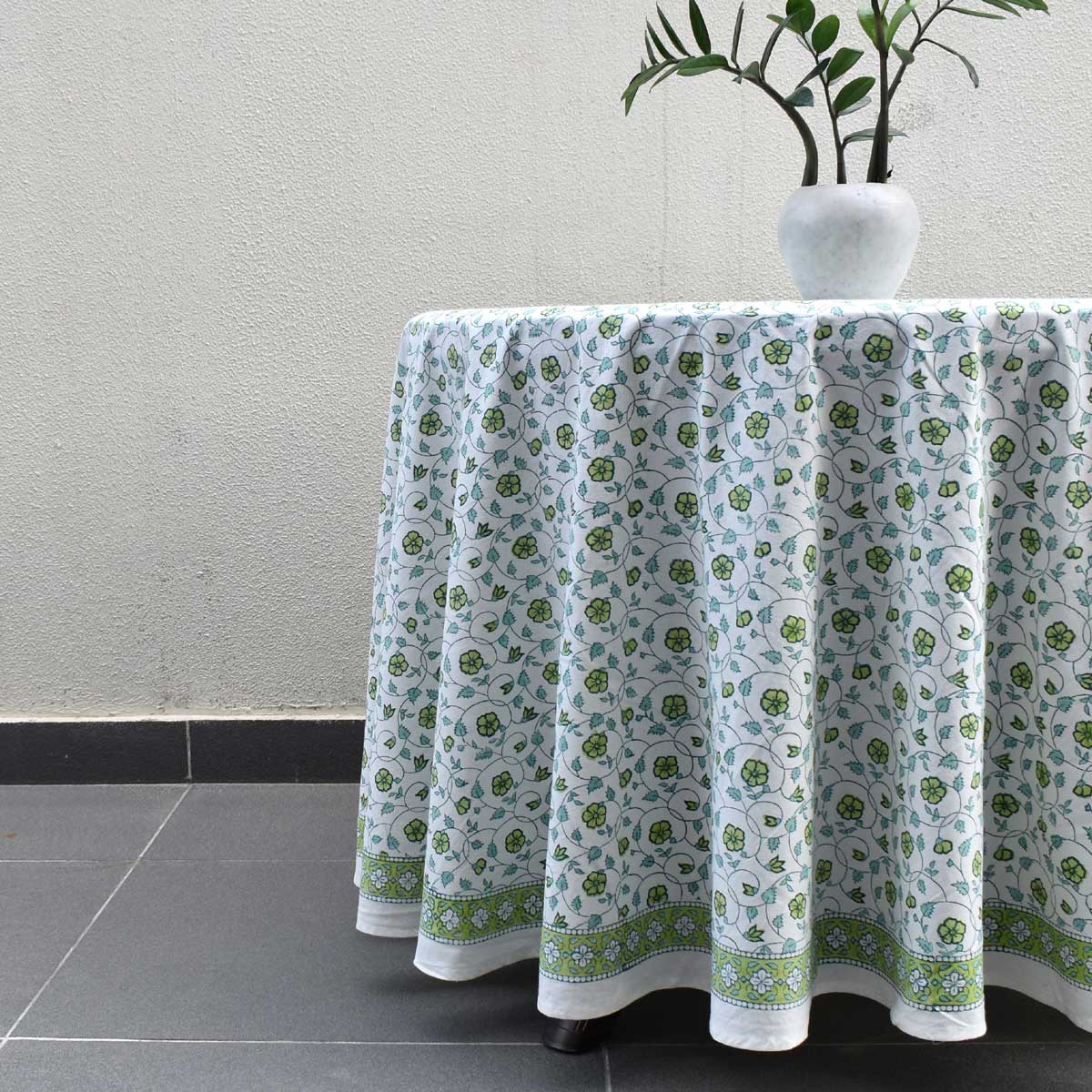 Hand Block Printed Cotton Round Tablecloth 275 cms Floral Kali Green 203909