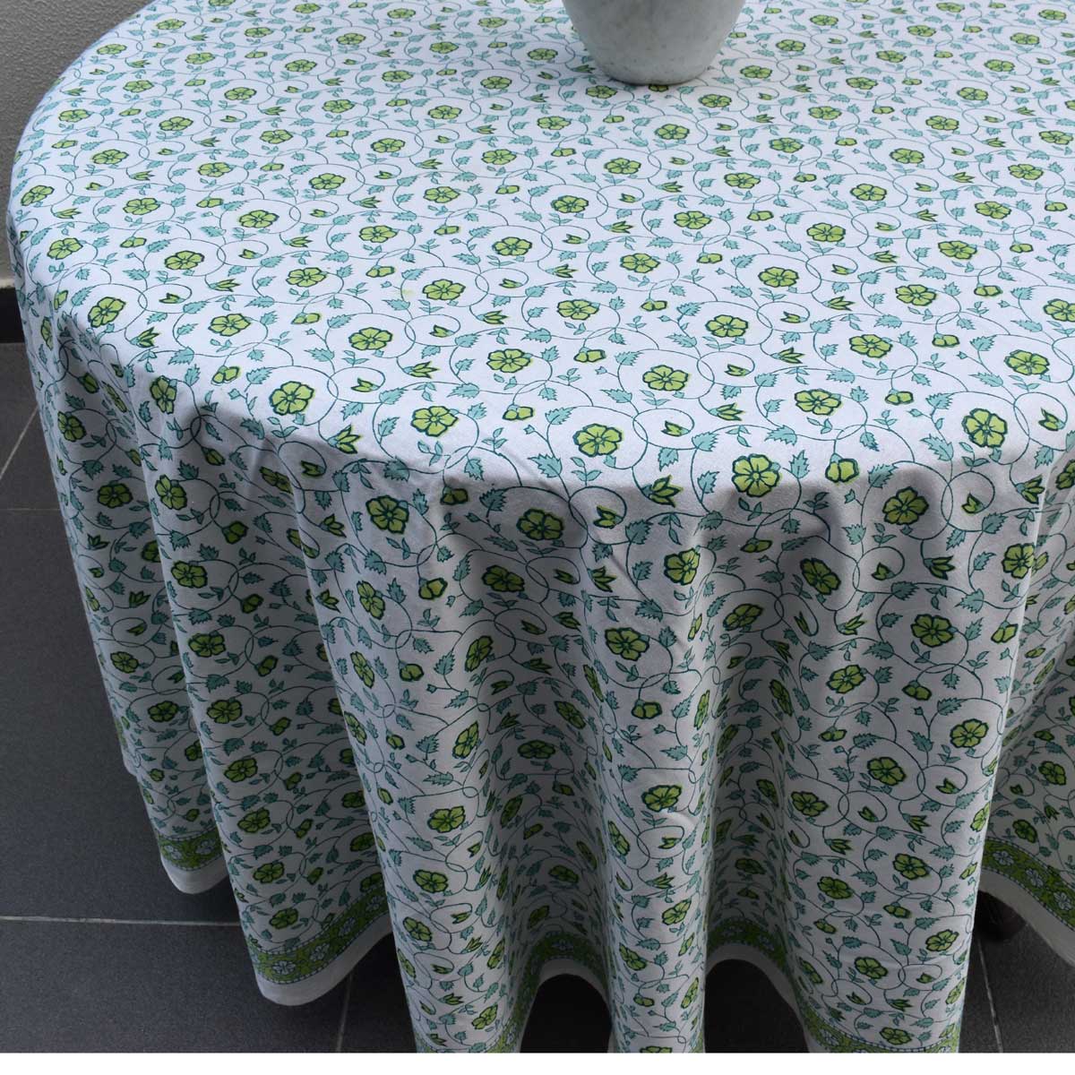 Hand Block Printed Cotton Round Tablecloth 275 cms Floral Kali Green 203909