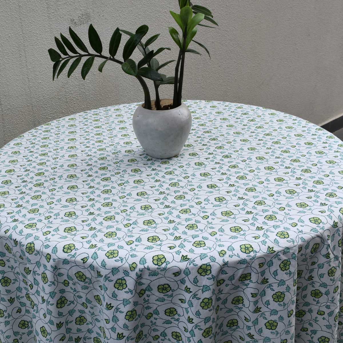 Hand Block Printed Cotton Round Tablecloth 275 cms  Floral Kali Green 203909