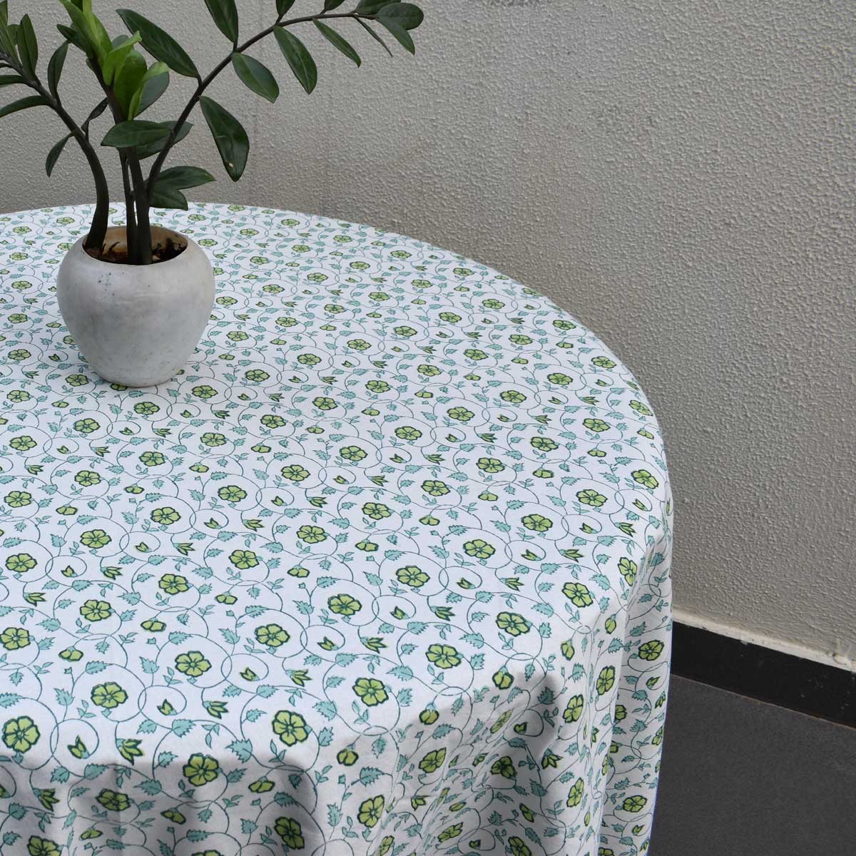 Hand Block Printed Cotton Round Tablecloth 220 cms Floral Kali Green 203909