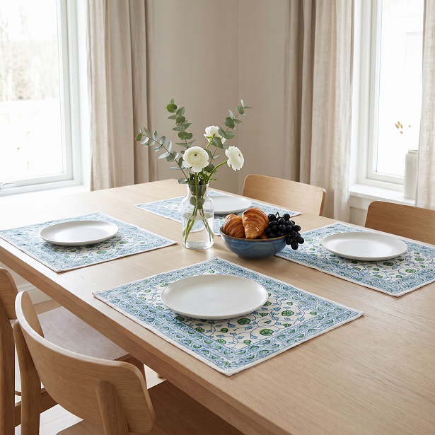 Hand Block Printed Cotton Canvas Table Mat 32x48 cms Set of 2 Table mats Floral Kali Green 203932