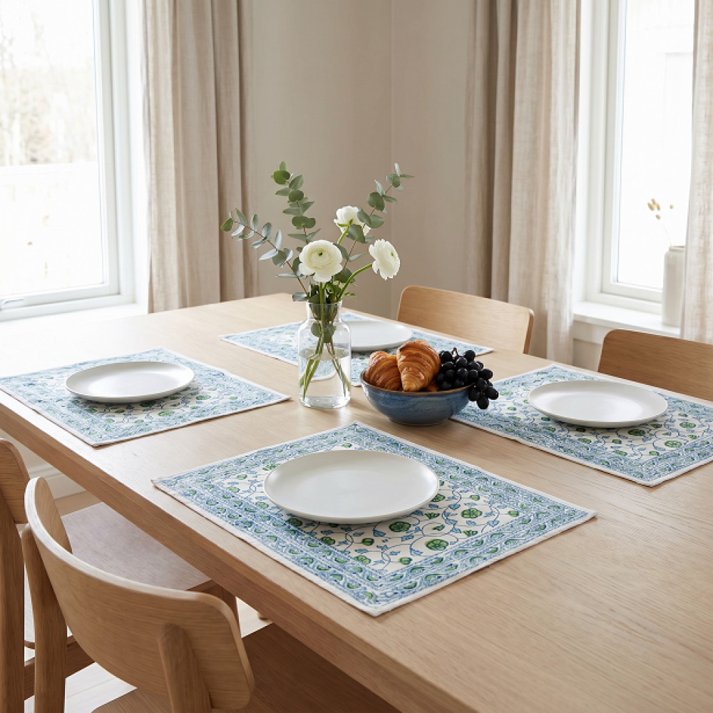Image of Hand Block Printed Cotton Canvas Table Mat 32x48 cms (Set of 2 Table mats) | Floral Kali Green 203932