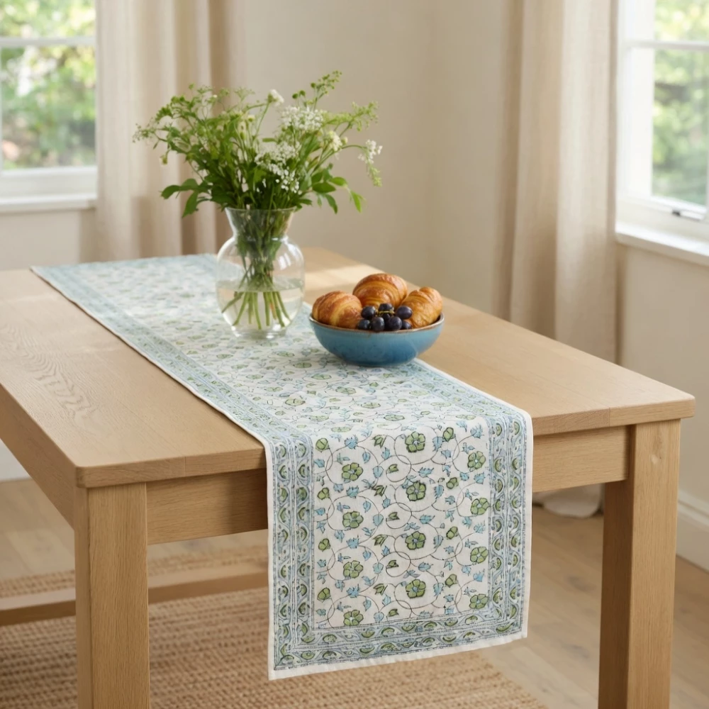 Image of Hand Block Printed Cotton Canvas Table Runner 33x120 cms | Floral Kali Green 203956
