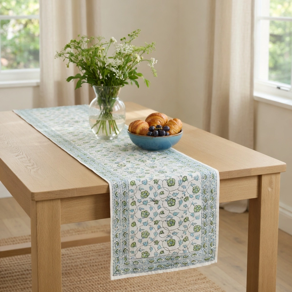 Hand Block Printed Cotton Canvas Table Runner 33x170 cms Floral Kali Green 203968