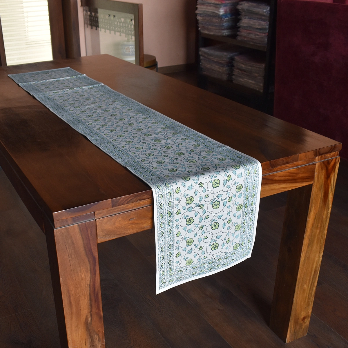 Hand Block Printed Cotton Canvas Table Runner 33x170 cms Floral Kali Green 203968