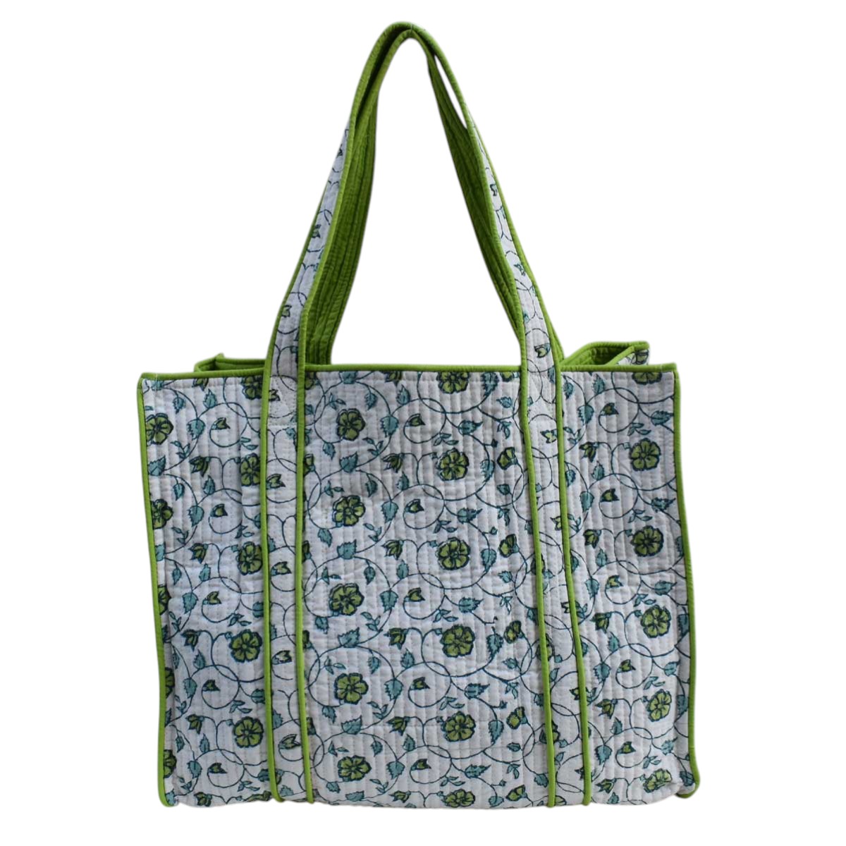 Hand Block Printed Cotton Quilted Tote Bag  Floral Kali Green 204365