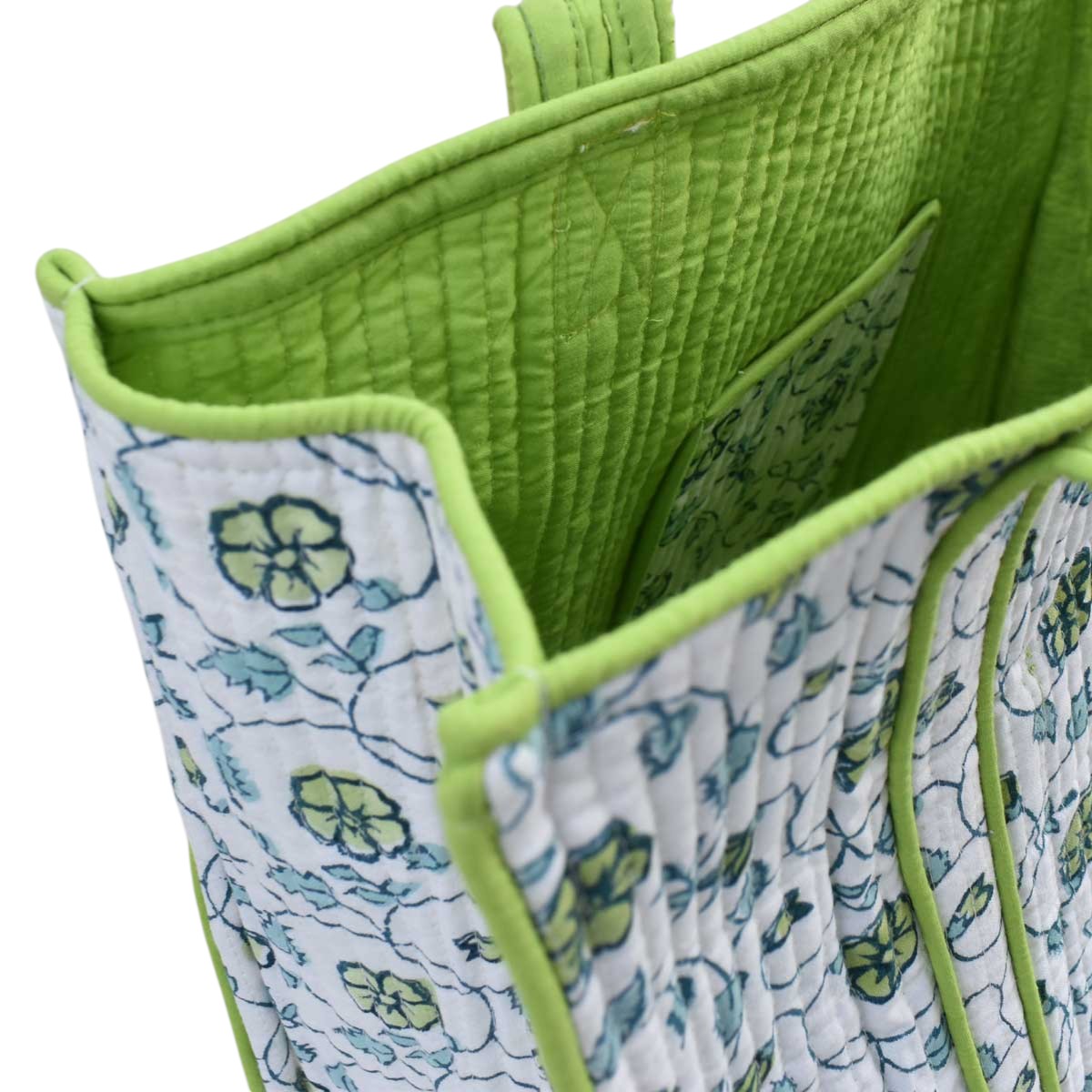 Hand Block Printed Cotton Quilted Tote Bag Floral Kali Green 204365