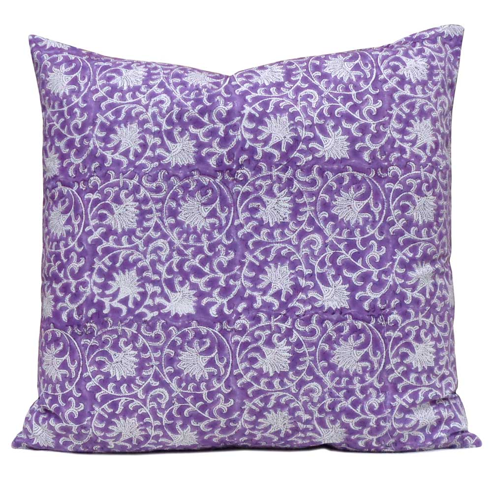Hand Block Printed Cotton Cushion Cover 40x40 cms Floral Purple Gud 207110