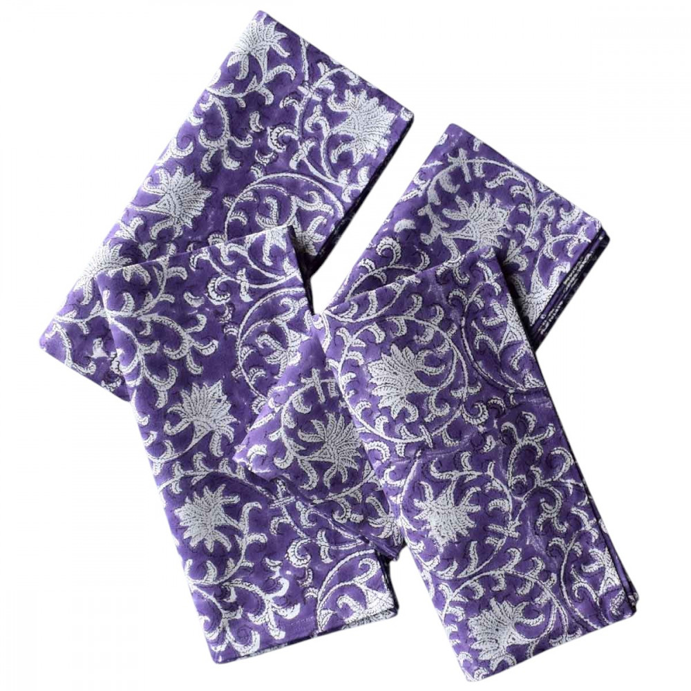 Image of Hand Block Printed Cotton Napkin 45x45 cms (Set of 4 Napkins) | Floral Purple Gud 207987
