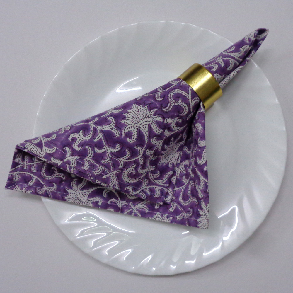 Hand Block Printed Cotton Napkin 45x45 cms Set of 4 Napkins Floral Purple Gud 207987