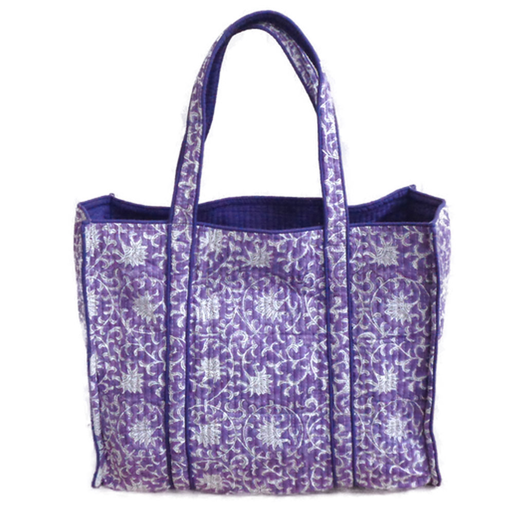 Hand Block Printed Cotton Quilted Tote Bag Floral Purple Gud 501886