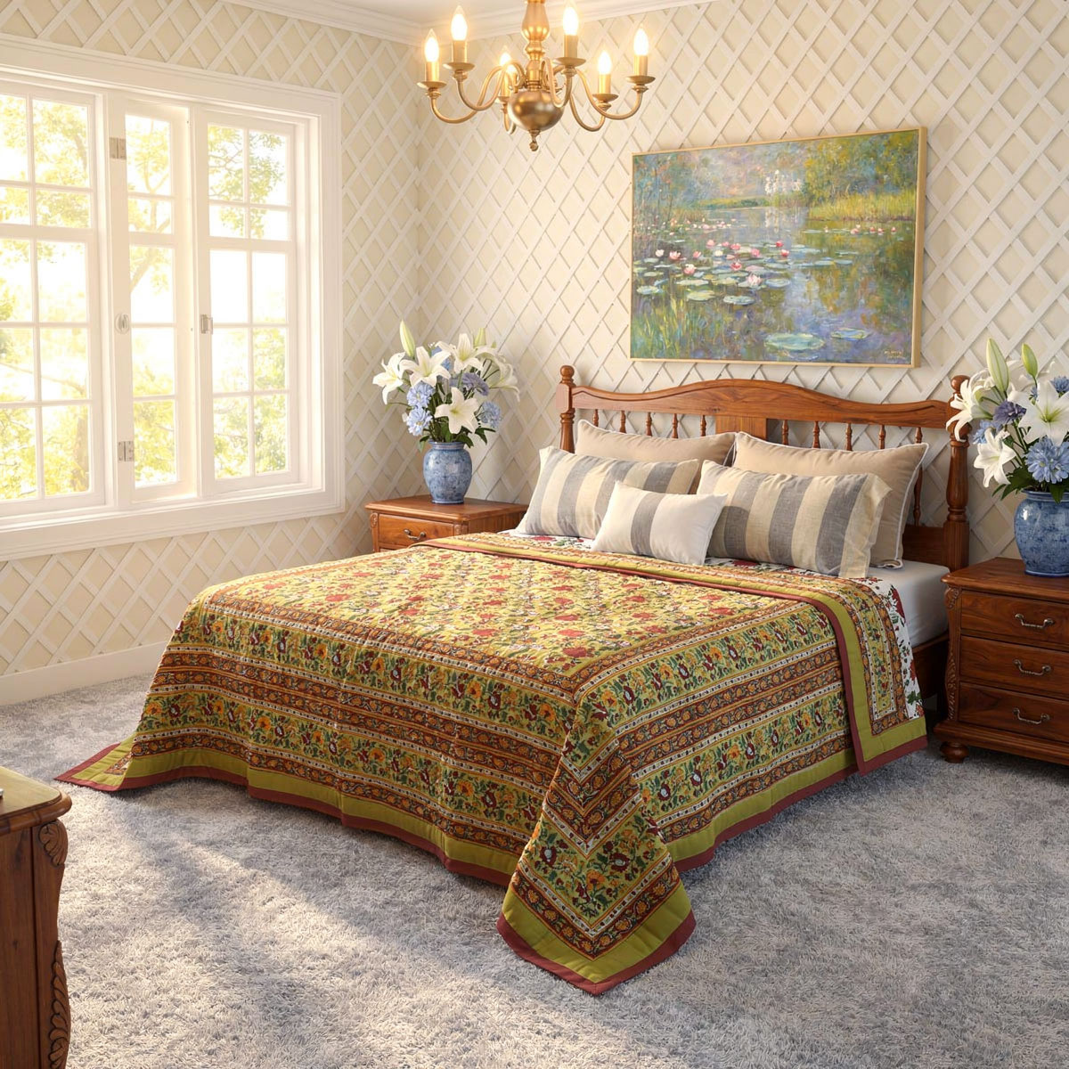 Queen Size Soft Cotton Quilt Handmade Flower Blossom Canary 102799