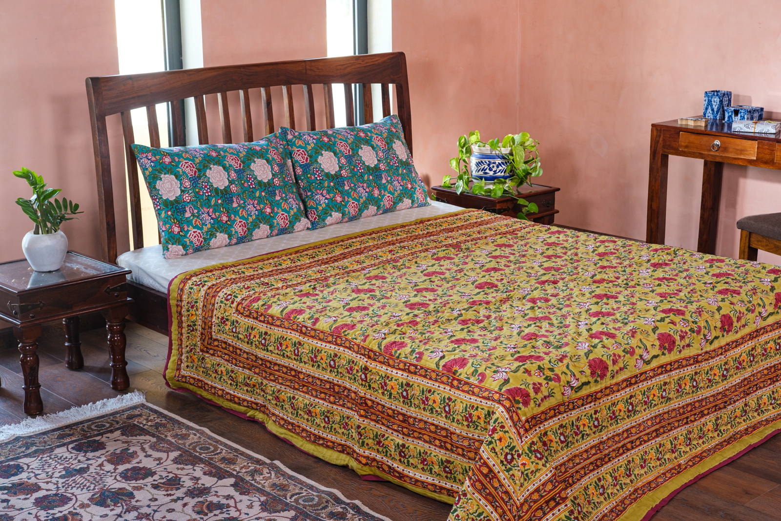 Queen Size Soft Cotton Quilt Handmade Flower Blossom Canary 102799