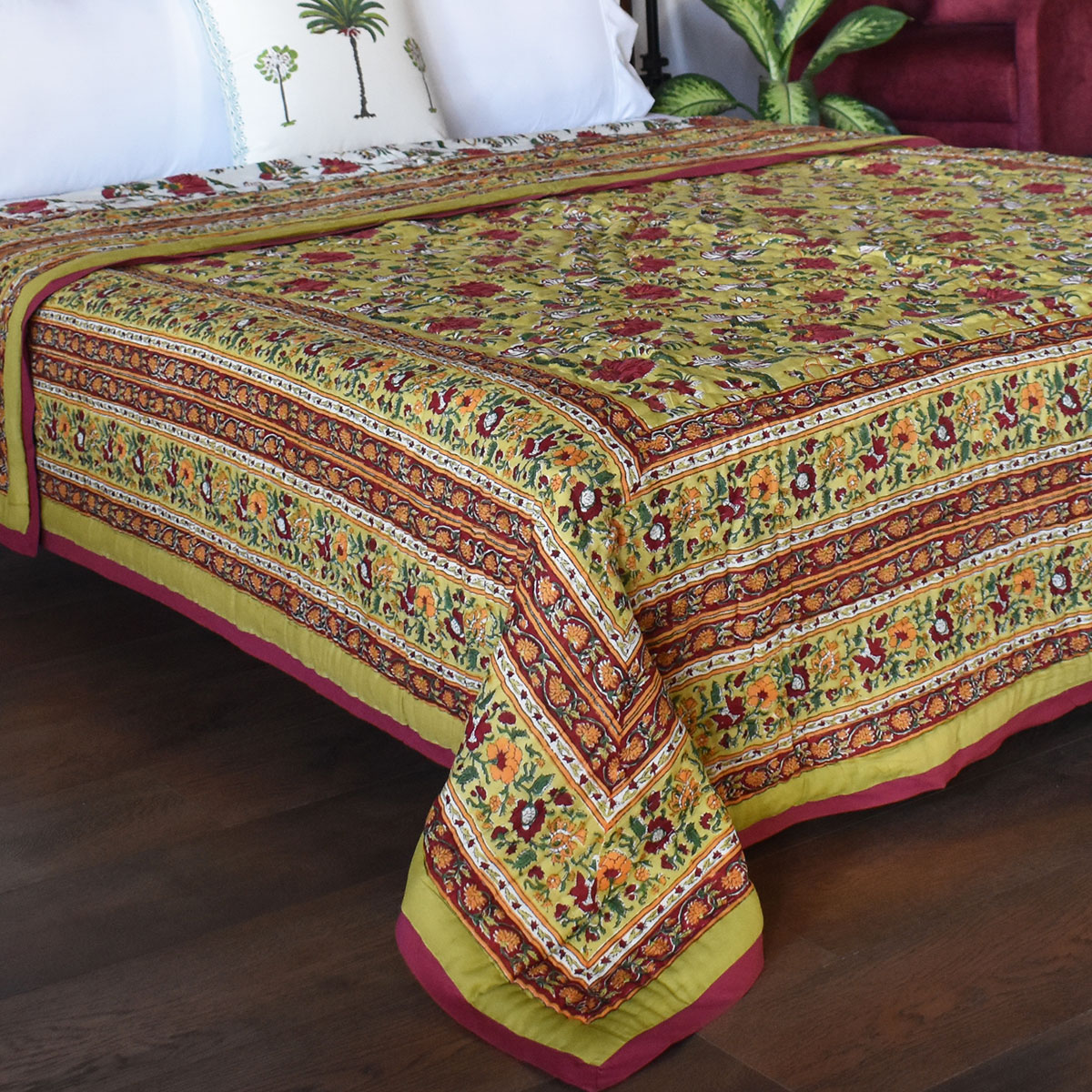 Hand Block Printed Cotton King Size Quilt Flower Blossom Canary 104164