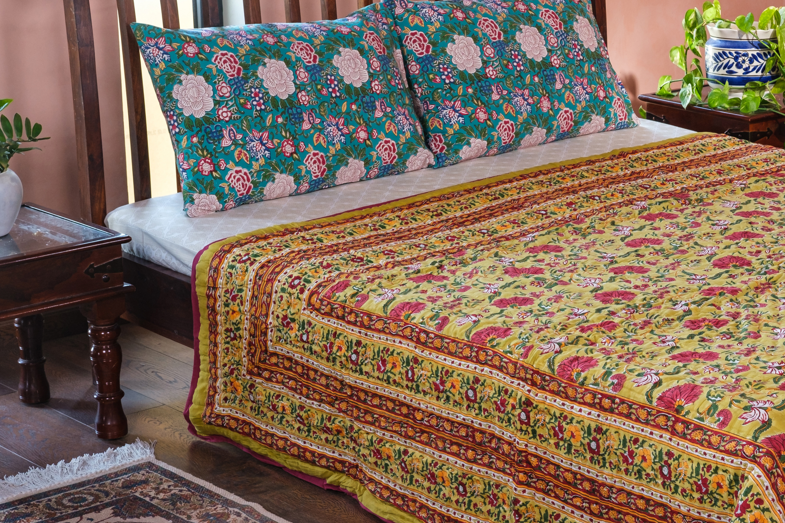 Queen Size Soft Cotton Quilt Handmade Flower Blossom Canary 102799