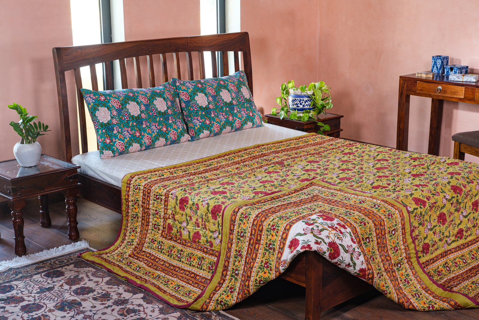 Queen Size Soft Cotton Quilt Handmade Flower Blossom Canary 102799