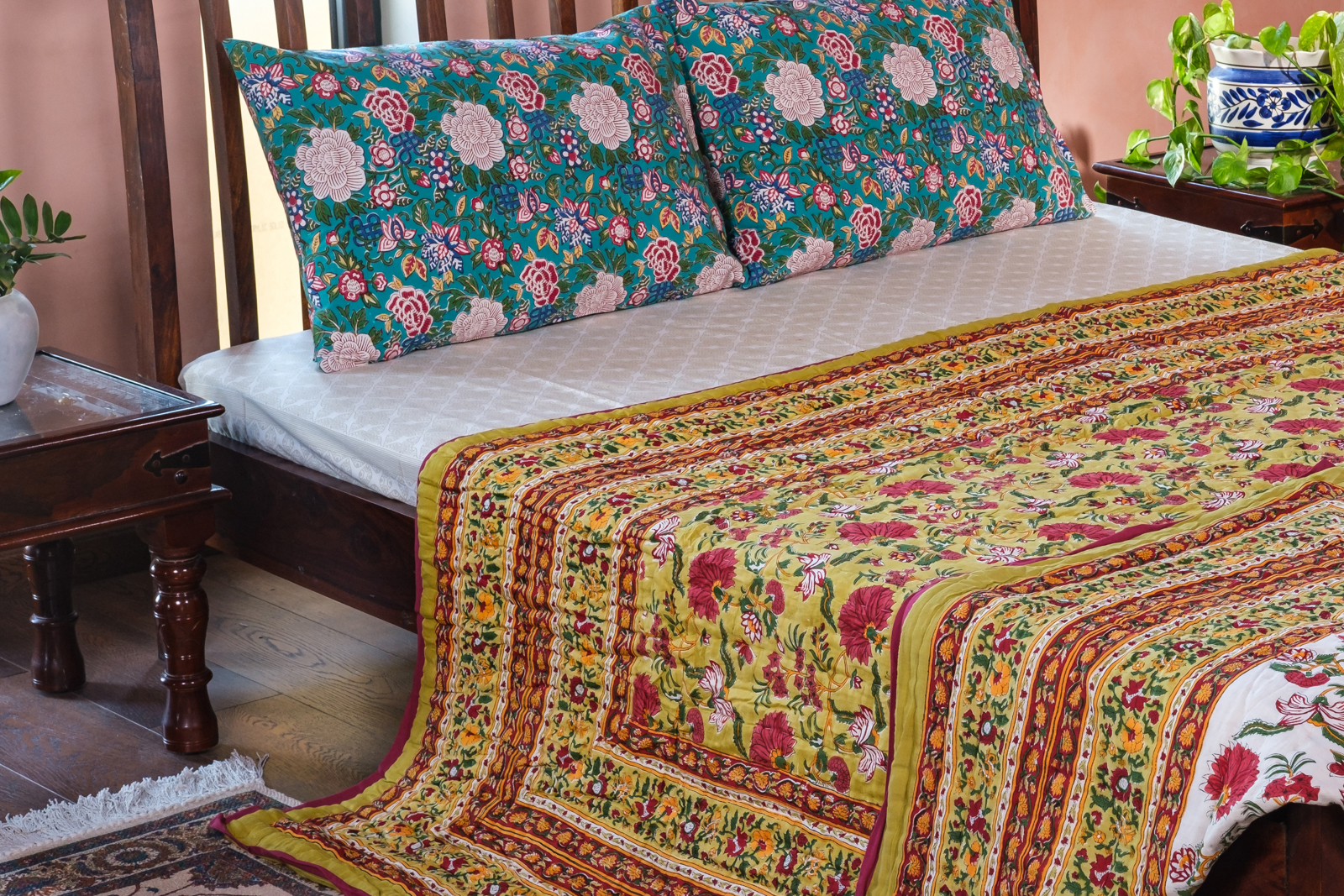 Queen Size Soft Cotton Quilt Handmade Flower Blossom Canary 102799