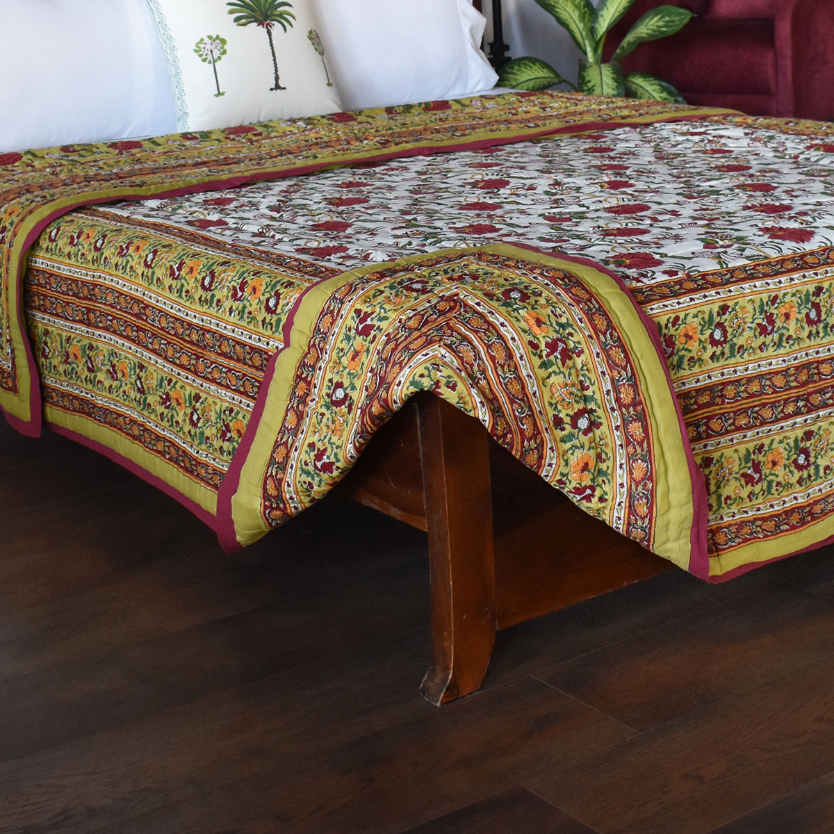 Hand Block Printed Cotton King Size Quilt Flower Blossom Canary 104164