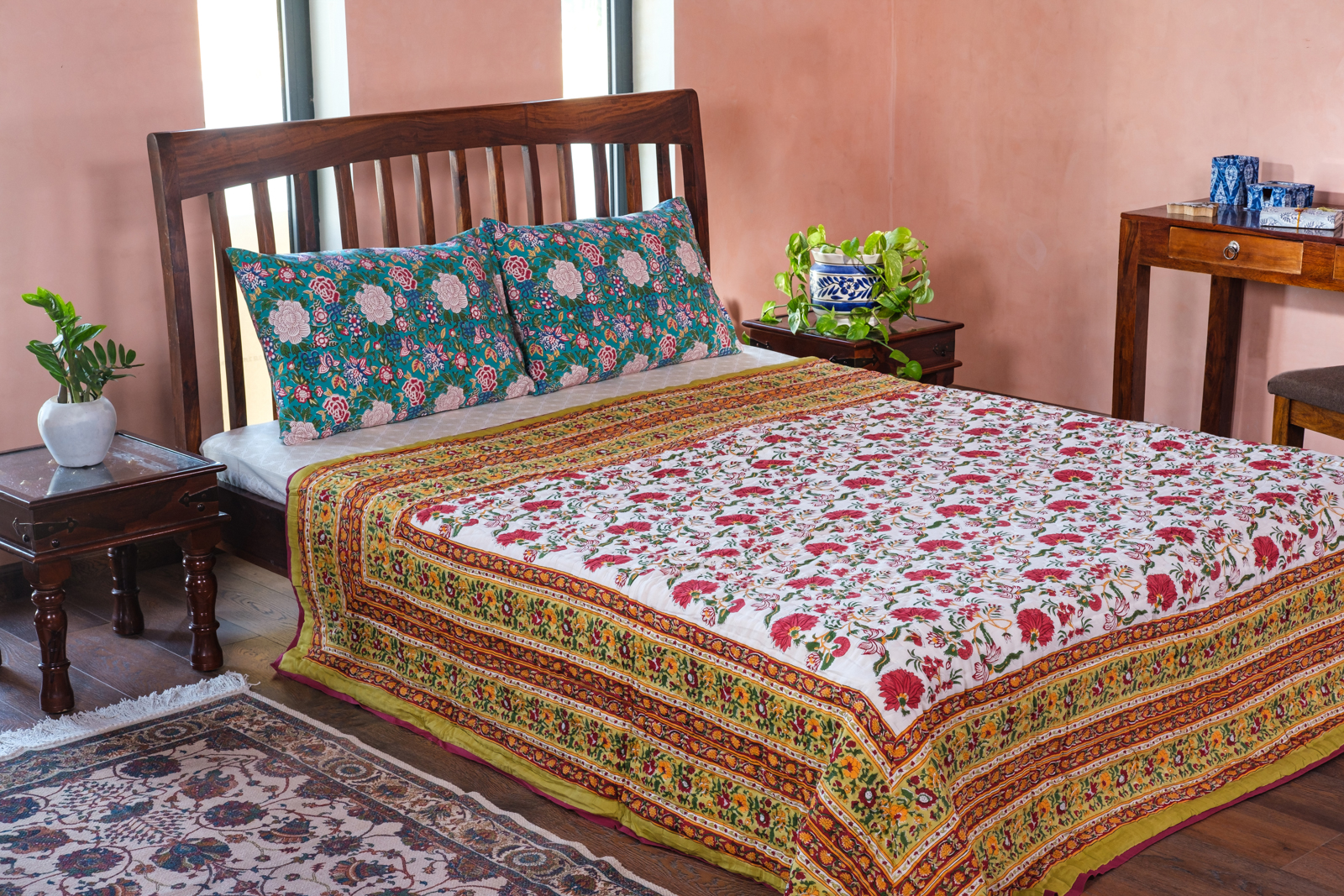 Queen Size Soft Cotton Quilt Handmade Flower Blossom Canary 102799