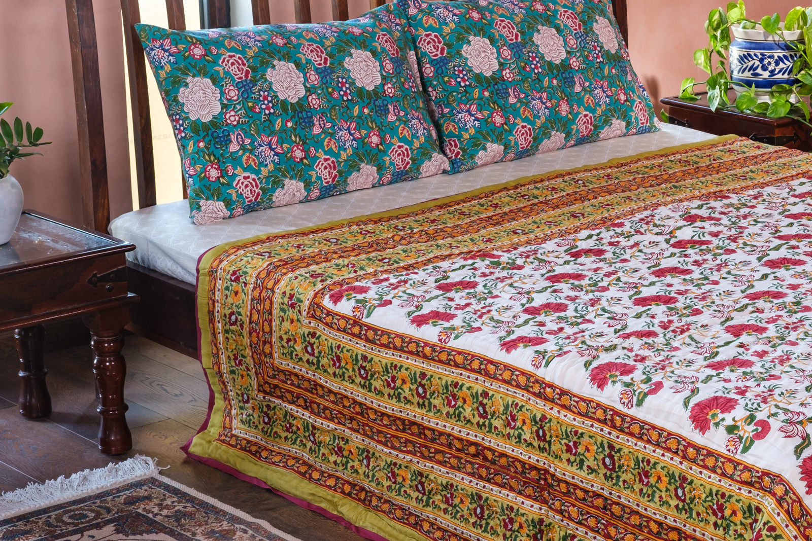 Queen Size Soft Cotton Quilt Handmade Flower Blossom Canary 102799