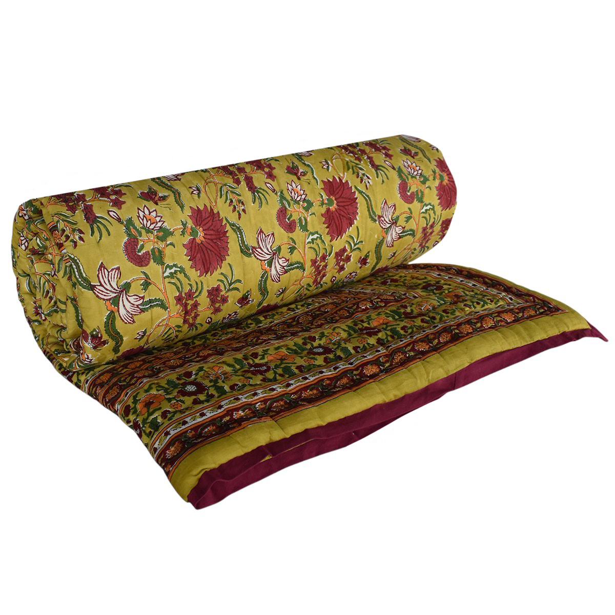 Hand Block Printed Cotton King Size Quilt Flower Blossom Canary 104164