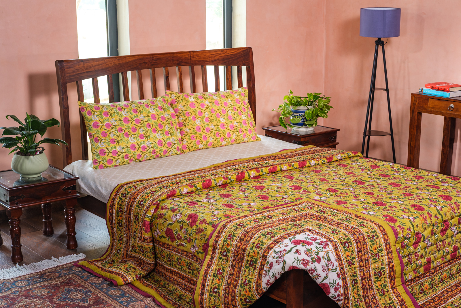 Hand Block Printed Cotton King Size Quilt Flower Blossom Canary 104164