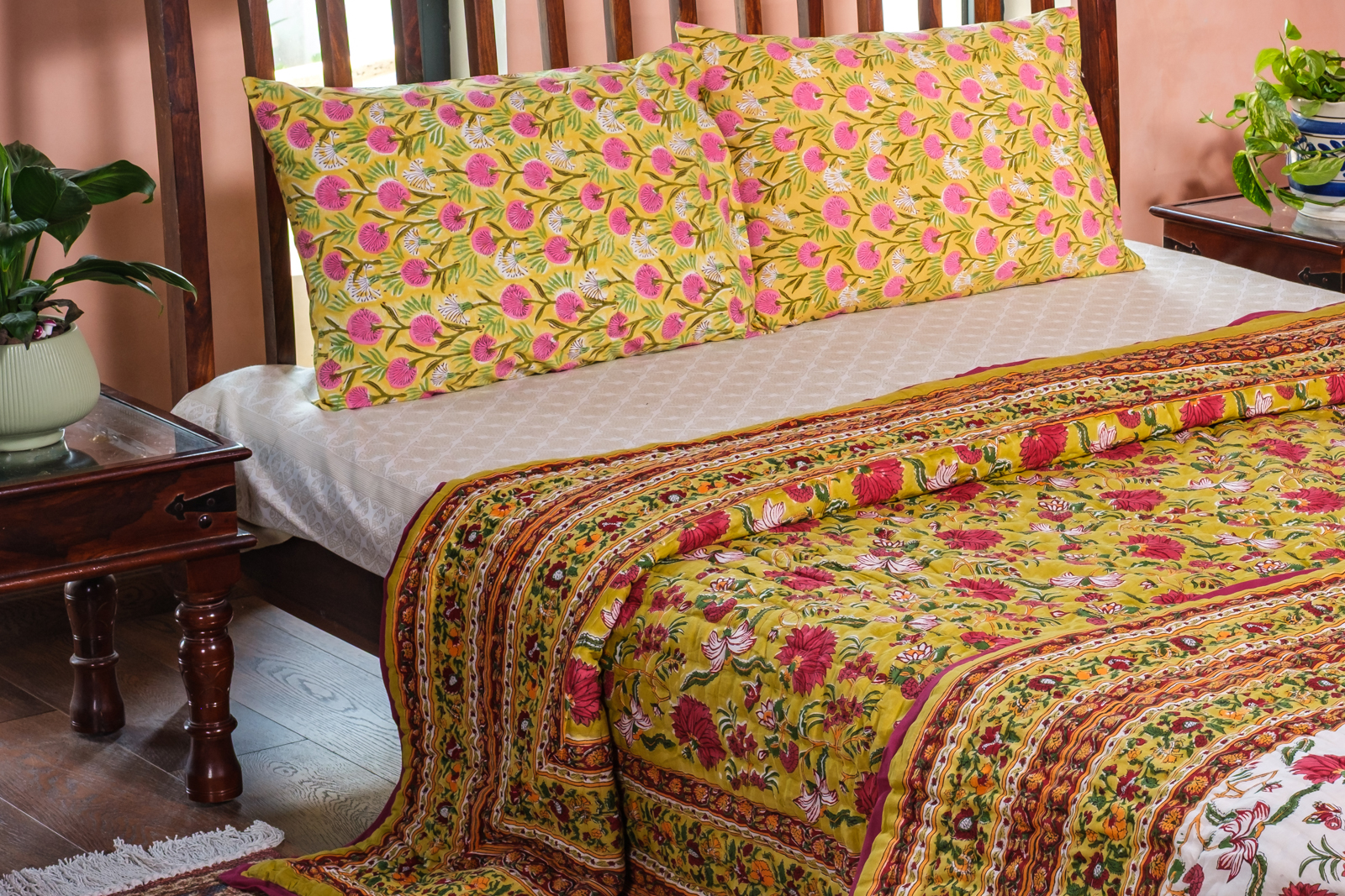 Hand Block Printed Cotton King Size Quilt Flower Blossom Canary 104164