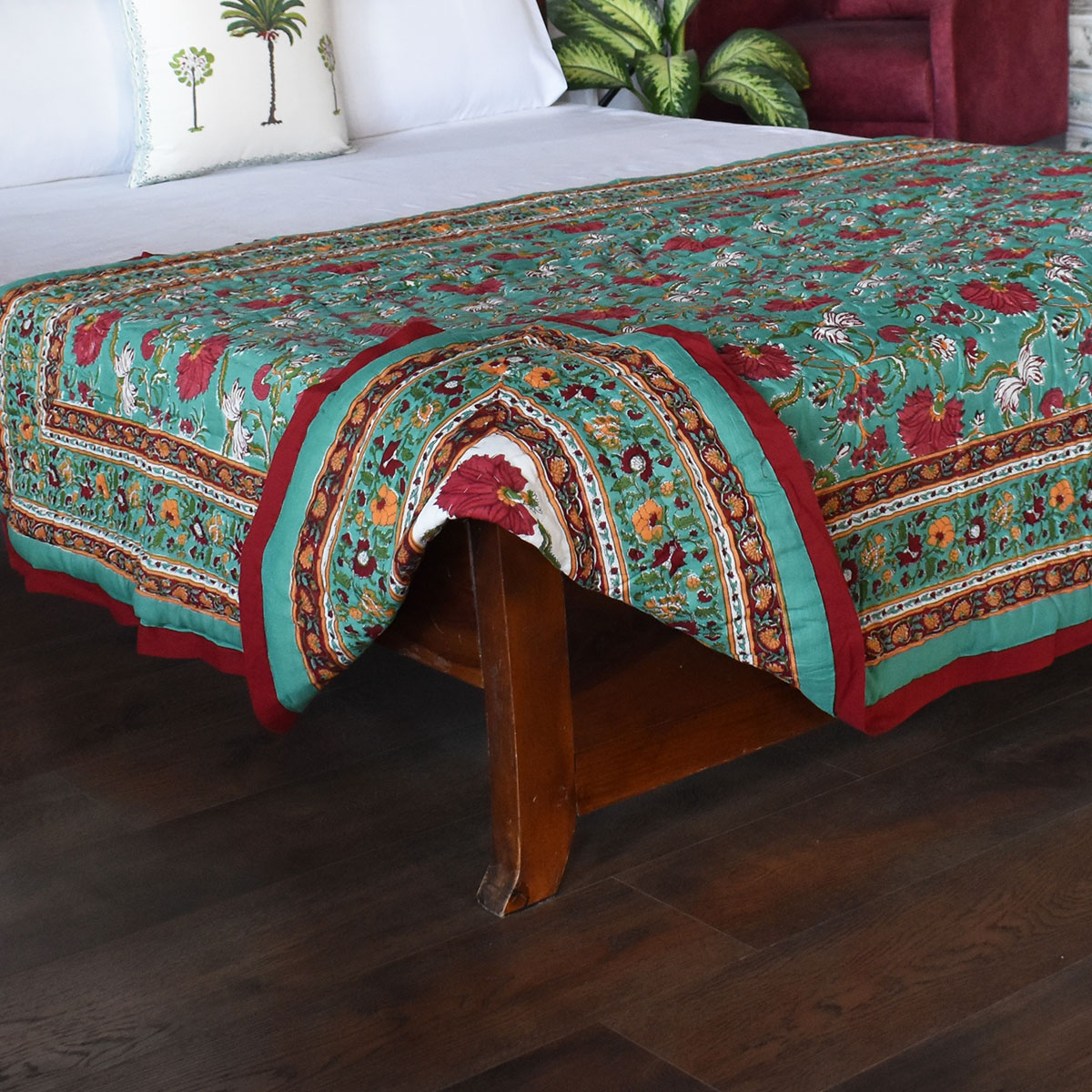 Handmade Block Printed Cotton Twin Size Quilt Flower Blossom Jade 108453