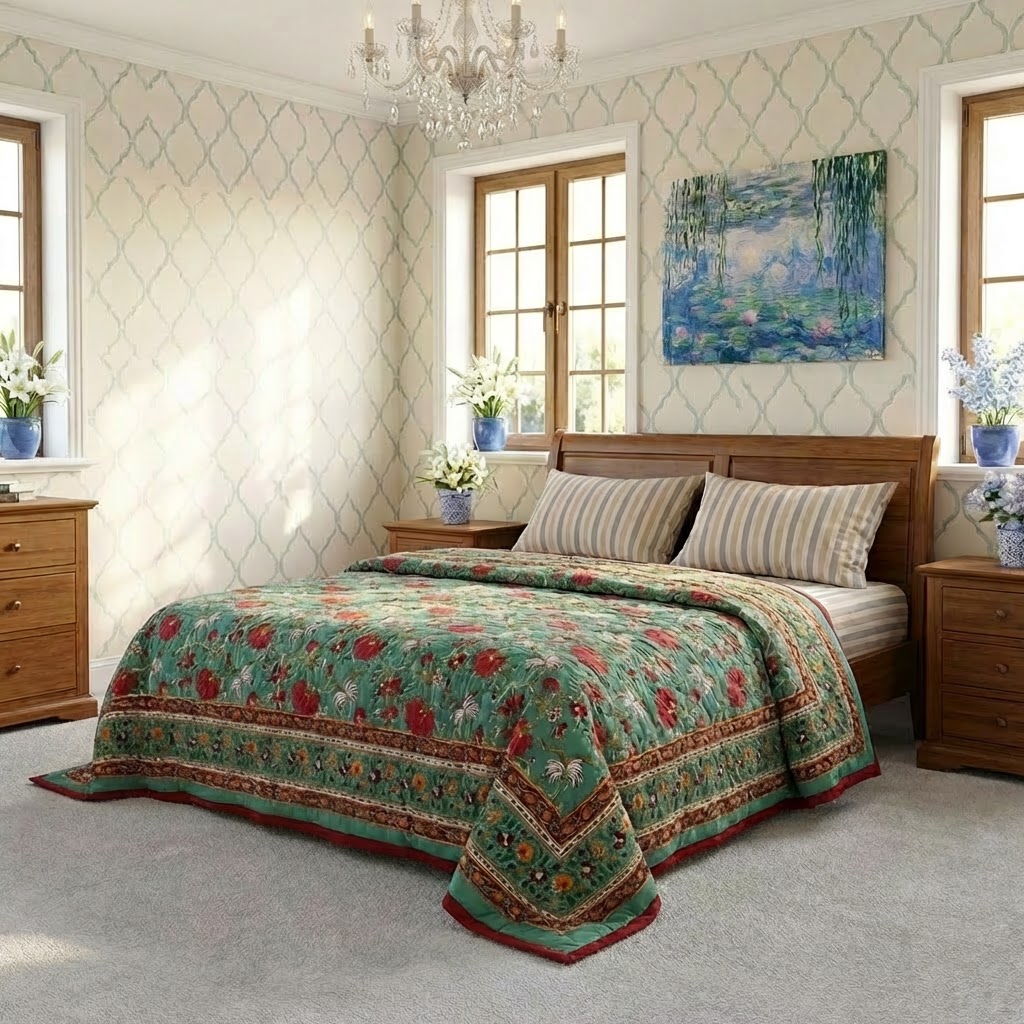 Handmade Block Printed Cotton Twin Size Quilt  Flower Blossom Jade 108453