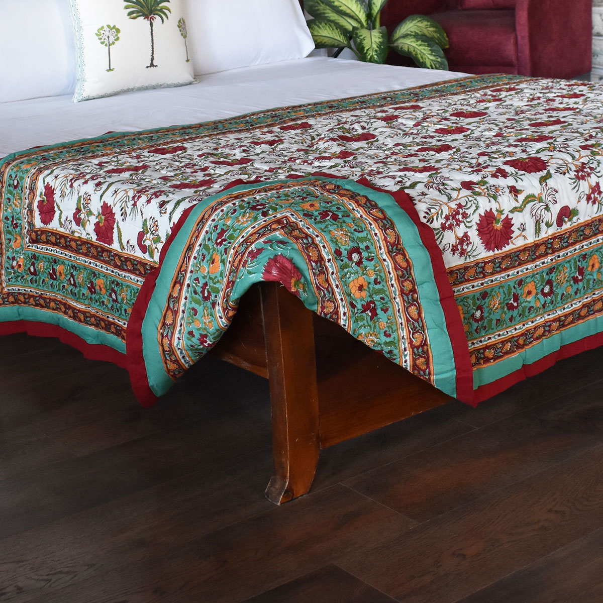 Handmade Block Printed Cotton Twin Size Quilt Flower Blossom Jade 108453