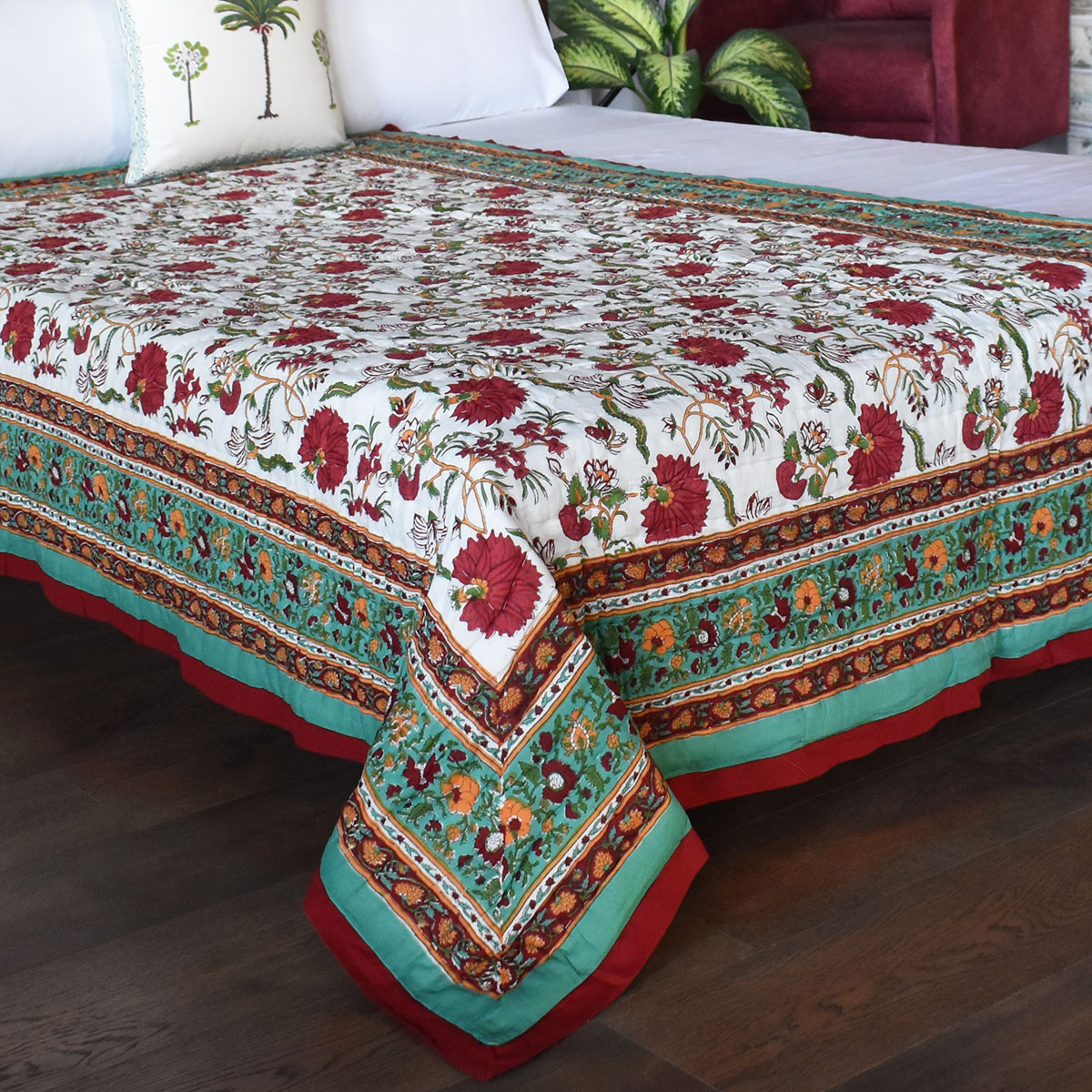 Handmade Block Printed Cotton Twin Size Quilt  Flower Blossom Jade 108453