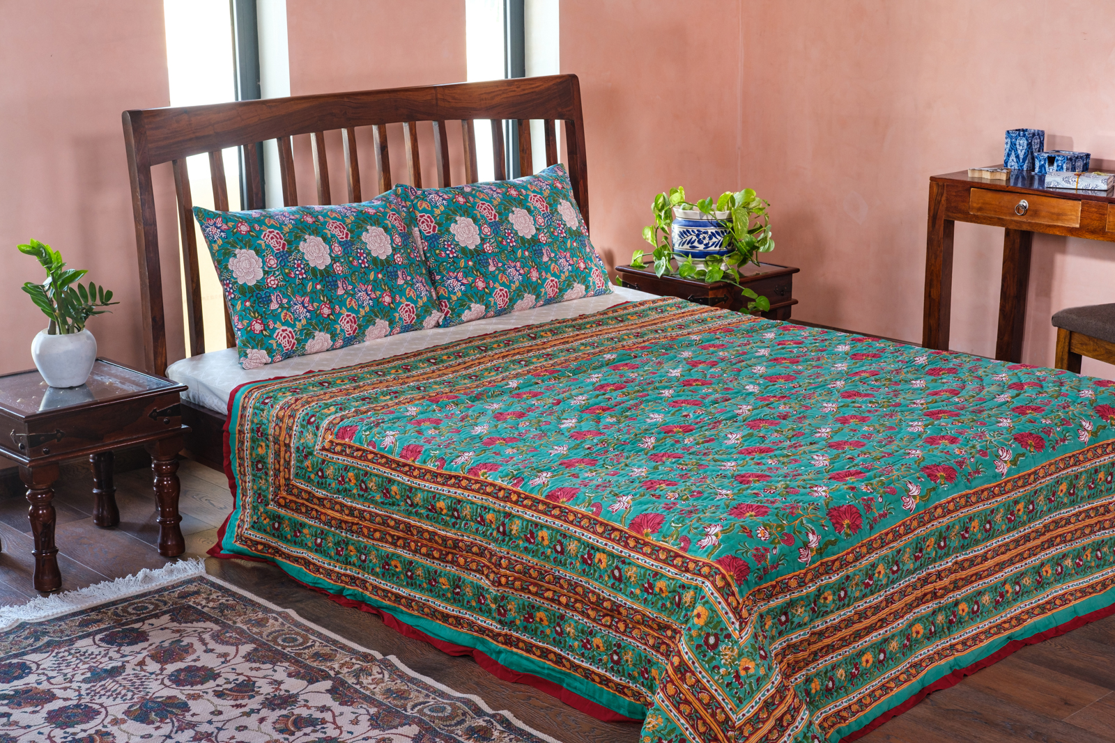 Handmade Block Printed Cotton Queen Quilt Flower Blossom Jade Gud 104415