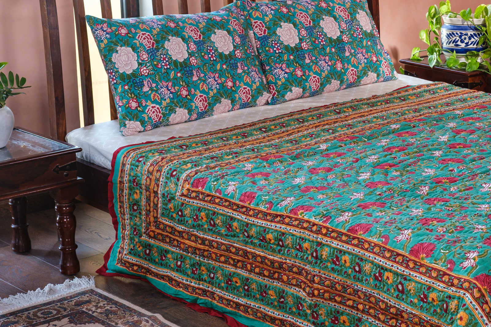 Handmade Block Printed Cotton Queen Quilt Flower Blossom Jade Gud 104415