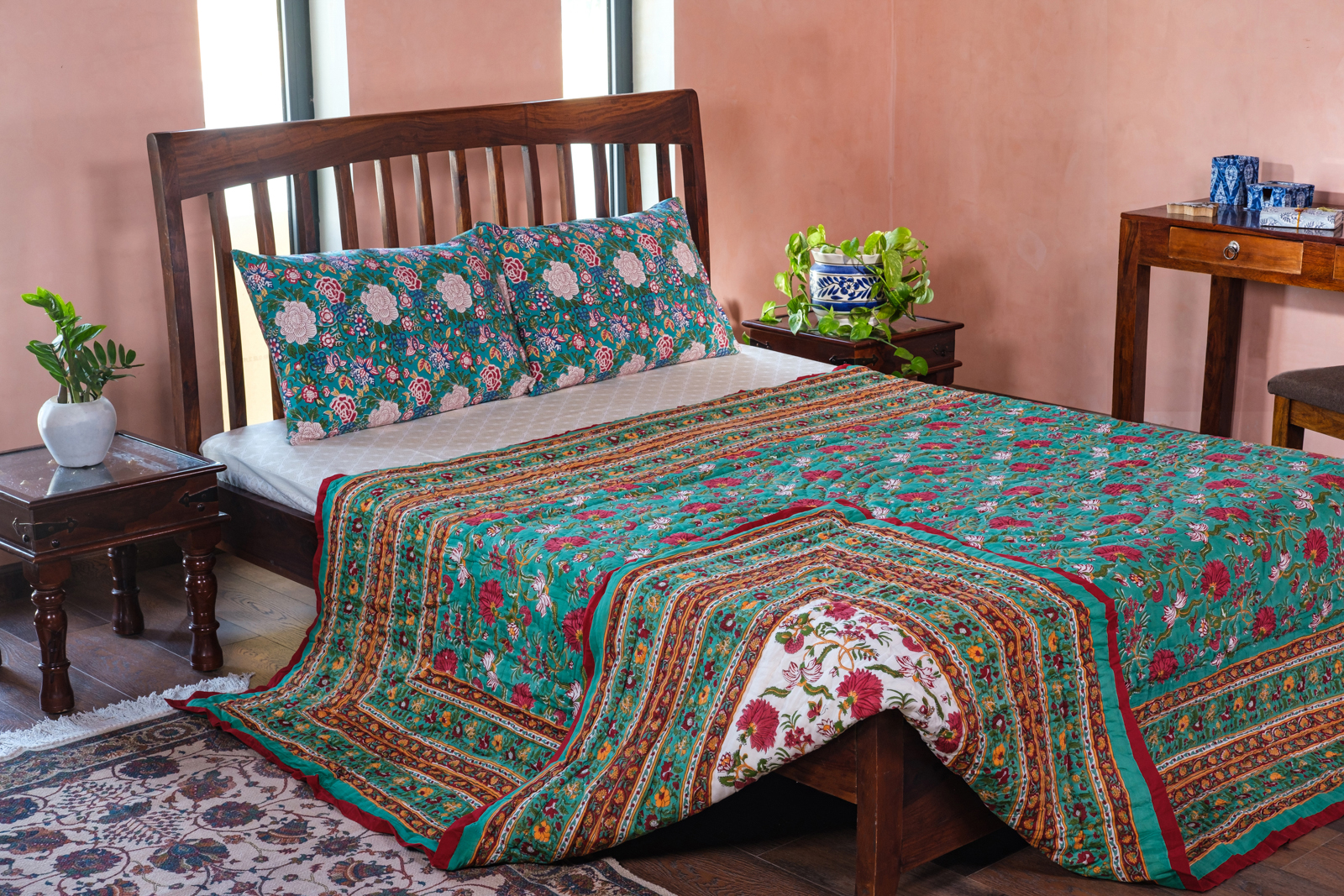 Handmade Block Printed Cotton Queen Quilt Flower Blossom Jade Gud 104415