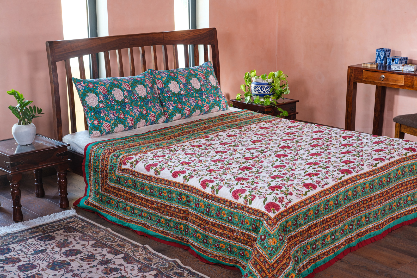Handmade Block Printed Cotton Queen Quilt Flower Blossom Jade Gud 104415