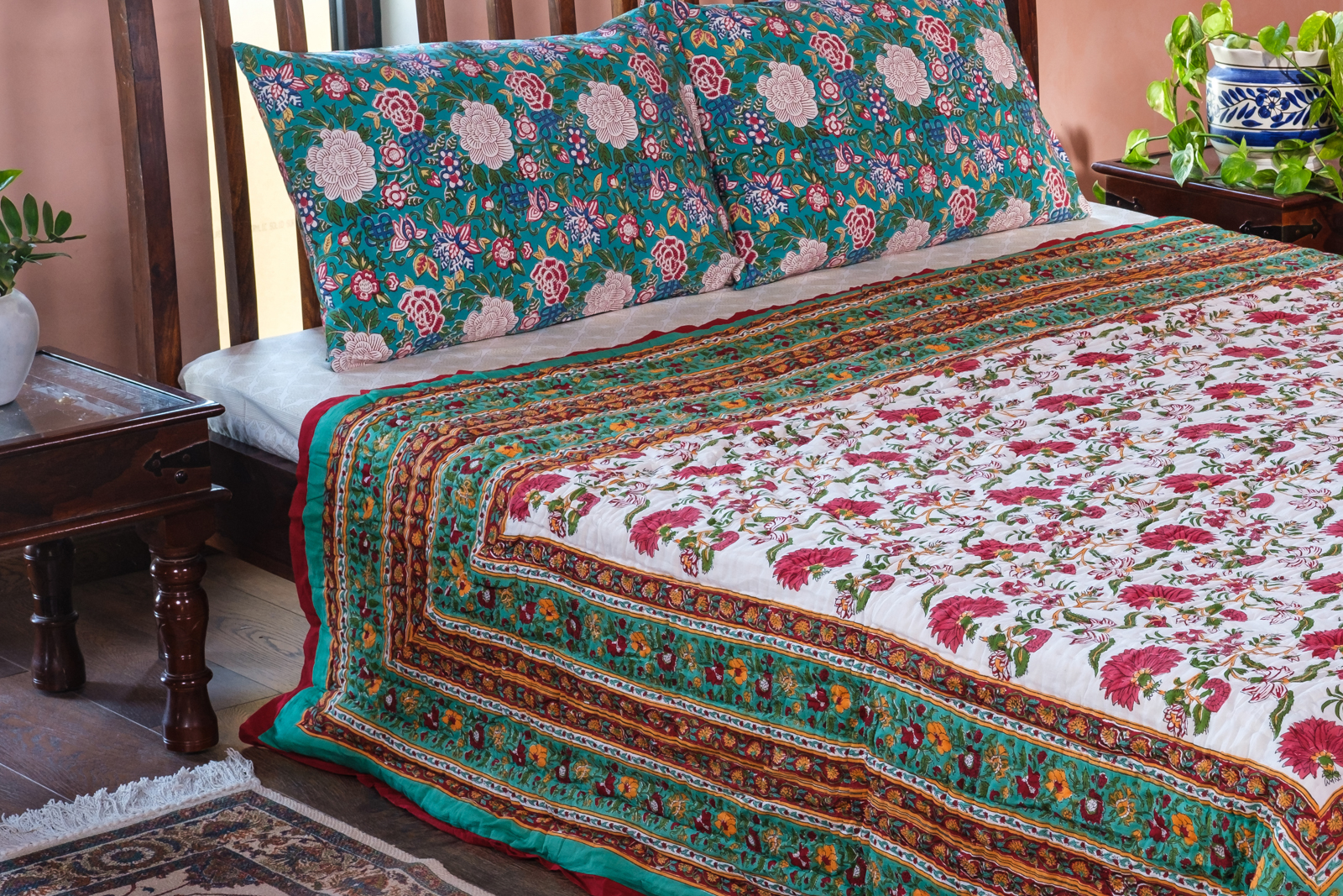 Handmade Block Printed Cotton Queen Quilt Flower Blossom Jade Gud 104415