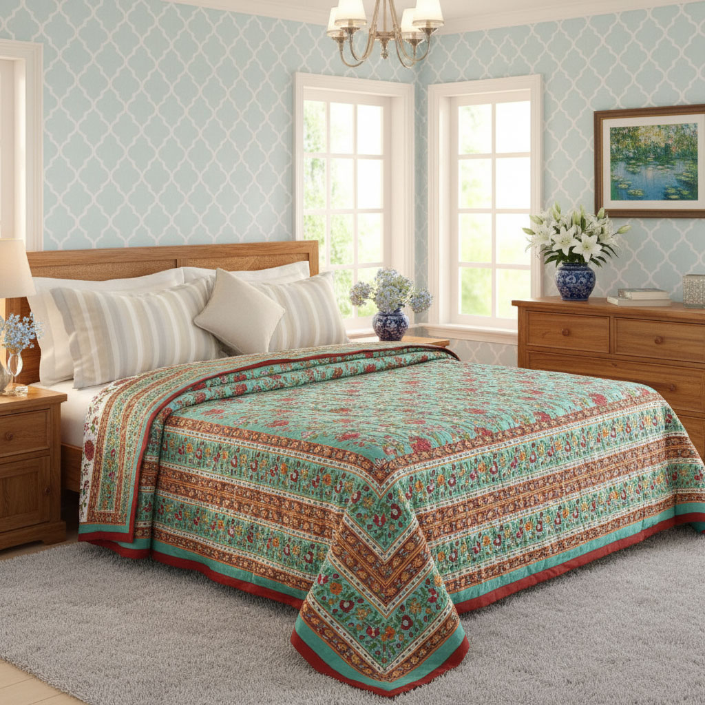 Hand Block Printed Cotton King Size Quilt Flower Blossom Jade 206139