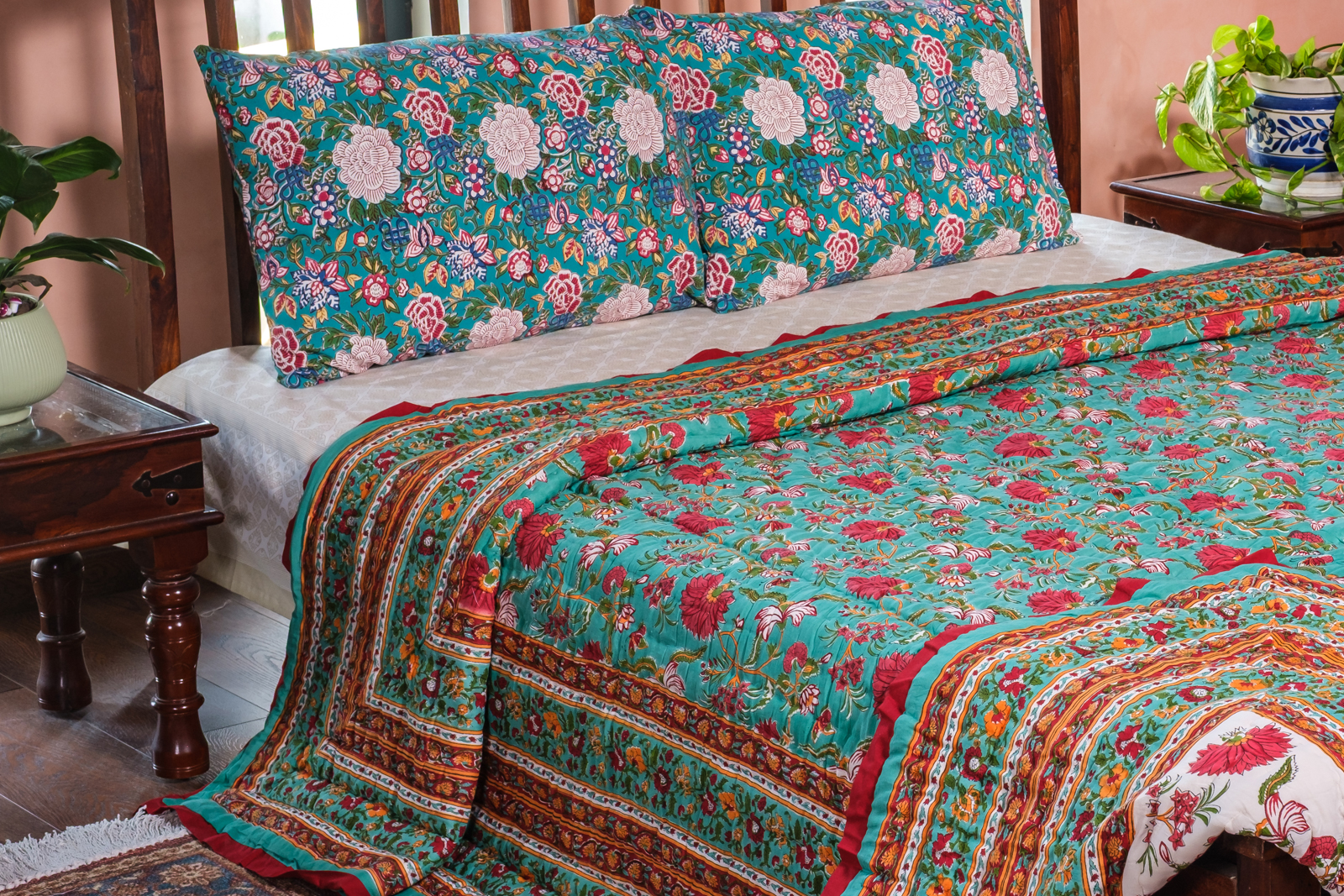 Hand Block Printed Cotton King Size Quilt Flower Blossom Jade 206139