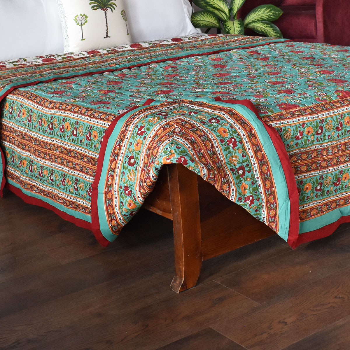 Hand Block Printed Cotton King Size Quilt Flower Blossom Jade 206139