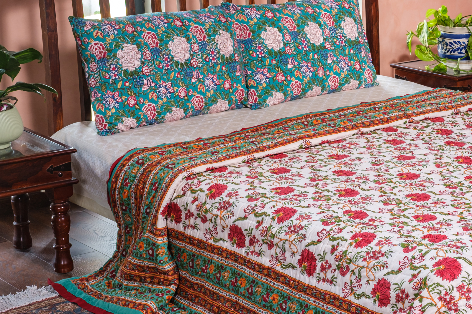 Hand Block Printed Cotton King Size Quilt Flower Blossom Jade 206139